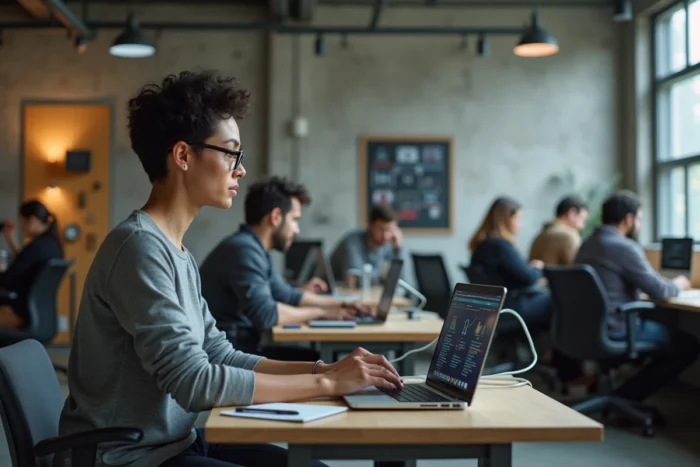 Développeuse web travaillant sur Linux dans un espace de bureau moderne en open space