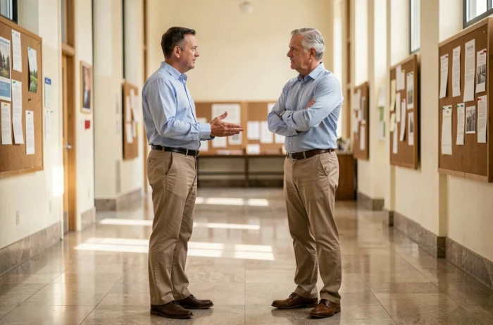 Deux hommes en discussion sérieuse dans le couloir d'une institution académique, symbolisant le dialogue entre éthique et déontologie professionnelle