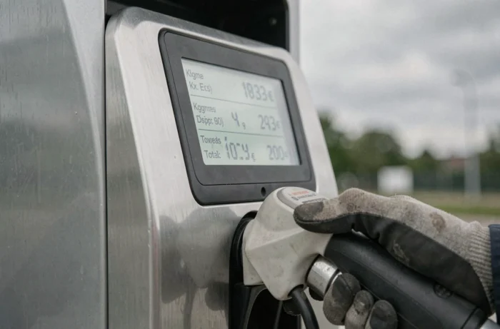 Gros plan sur l'écran d'une pompe à hydrogène affichant le prix total et les kilogrammes dispensés