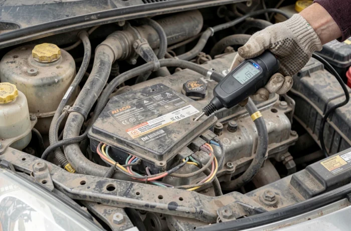 Calculateur moteur ECU de Renault Clio 2 connecté à un outil de reprogrammation lors du retrait de l'anti-démarrage