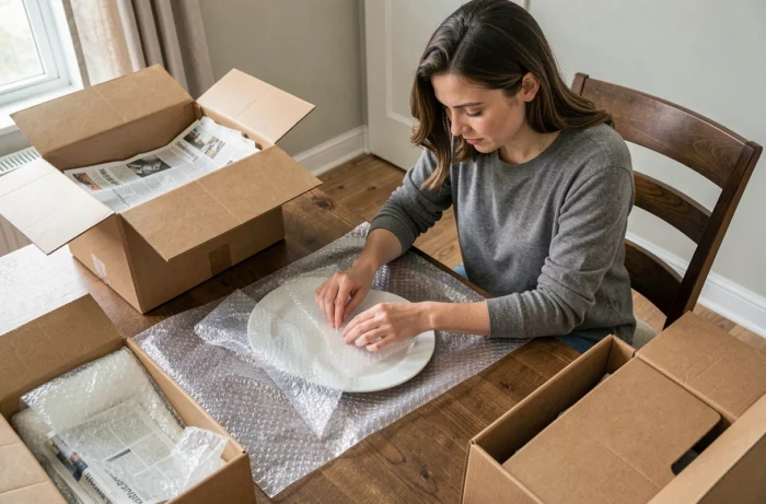 Femme emballant la vaisselle avec du papier bulle dans des cartons renforcés avant le déménagement