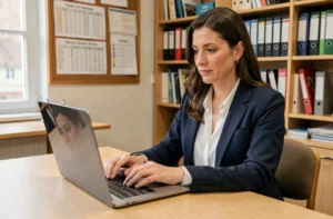 Enseignante connectée à iProf sur son ordinateur portable dans un bureau administratif scolaire