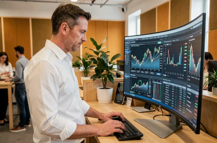 Entrepreneur analysant des données financières et des tendances commerciales sur un grand écran dans un espace de co-working moderne