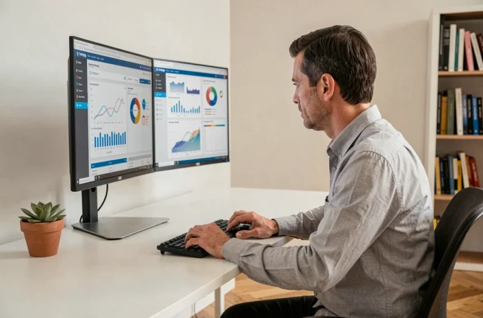 Entrepreneur analysant des tableaux de bord d'innovation et de croissance business sur un double écran dans un bureau épuré
