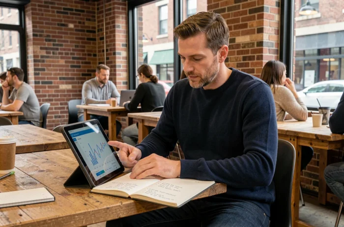 Entrepreneur masculin analysant la stratégie de son blog professionnel dans un espace de coworking
