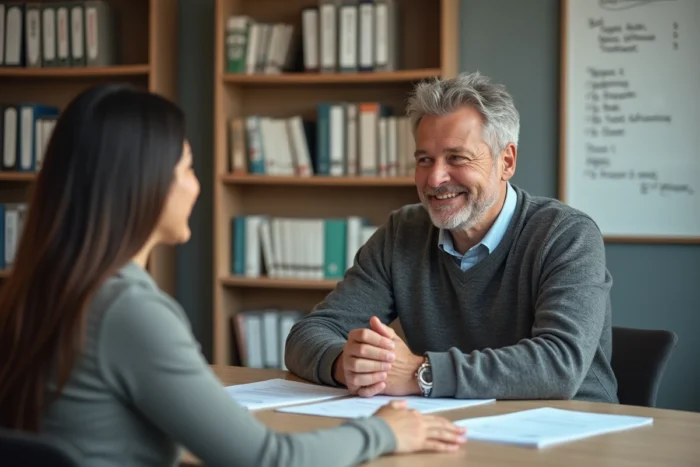 Homme en entretien de conseil avec un conseiller pour évaluer son éligibilité au bilan de compétences en formation professionnelle