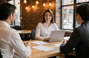 Jeune femme en entretien d'embauche dans les locaux d'une startup moderne avec murs en briques apparentes