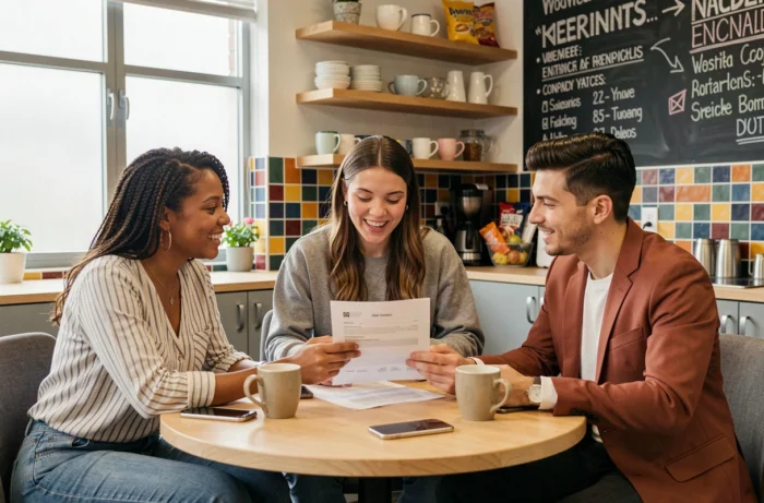 Groupe de jeunes professionnels discutant d'offres d'emploi en startup autour d'une table dans une salle de pause moderne