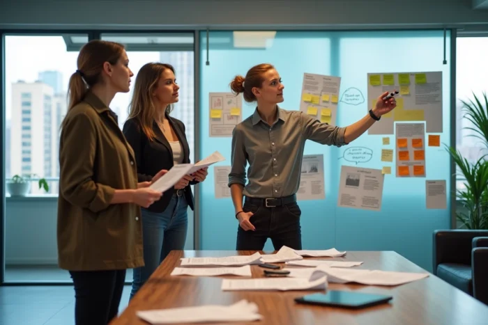 Équipe marketing collaborative planifiant les étapes d'une campagne digitale autour d'un tableau blanc en studio