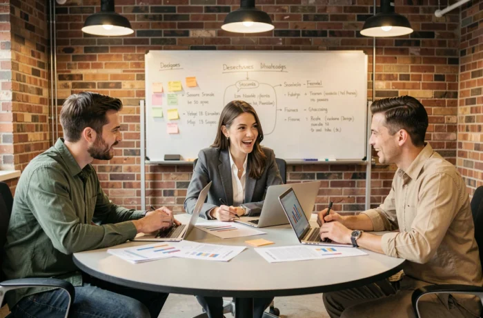 Équipe de professionnels en réunion stratégique autour d'une table de conférence, discutant des innovations et tendances du marché