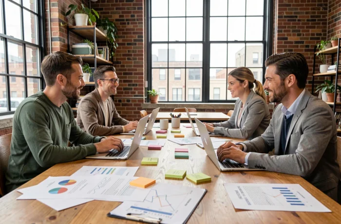 Équipe de professionnels collaborant autour d'une stratégie de croissance d'entreprise dans un espace de coworking