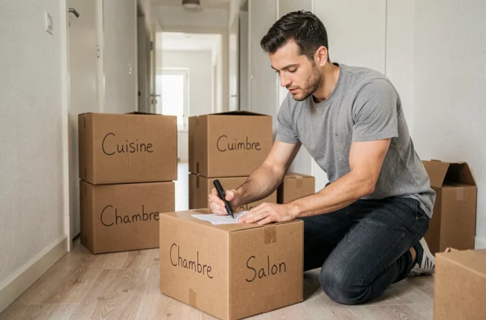 Homme étiquetant chaque carton par pièce de destination avec un marqueur noir lors d'un déménagement