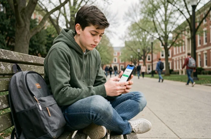 Étudiant associant un nouvel appareil Android à son compte Google Play Store en extérieur sur un campus