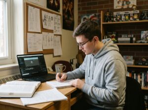 Étudiant en game design travaillant sur des croquis de personnages dans sa chambre universitaire