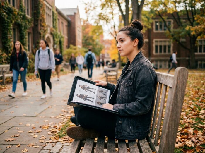 Étudiante en art de jeux vidéo révisant son portfolio de concept art sur un campus universitaire en automne