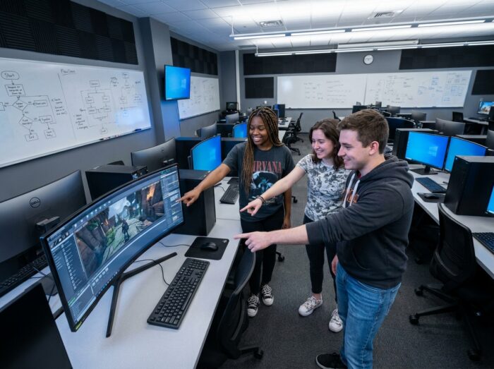 Groupe d'étudiants en développement de jeux vidéo collaborant en salle informatique spécialisée
