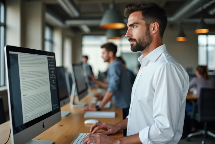 Homme en bureau open space exportant un document Pages au format PDF sur un iMac