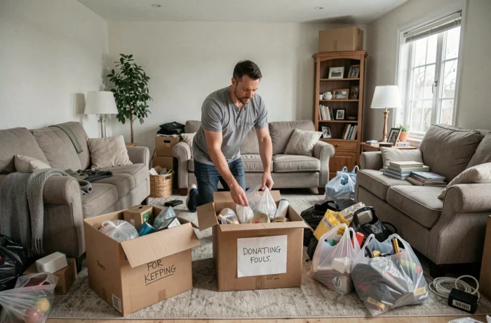 Homme faisant le tri de ses affaires et préparant des dons avant de commencer à remplir les cartons