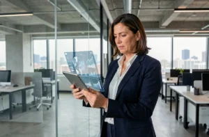 Femme d'affaires consultant des données sur tablette dans un bureau moderne avec vue sur la ville, illustrant les tendances du monde des affaires
