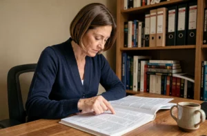 Femme consultant un annuaire pages blanches imprimé à son bureau à domicile pour retrouver un particulier