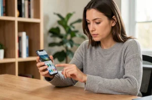 Femme associant son smartphone Android à son compte Google Play Store depuis un bureau à domicile
