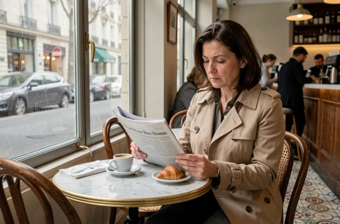 Femme lisant un journal dans un café parisien avec un espresso et un croissant sur table en marbre