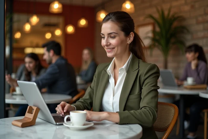 Femme saisissant un code promo Zalando sur une tablette dans un café au style parisien