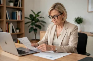 Femme consultant des documents d'assurance IARD à son bureau à domicile