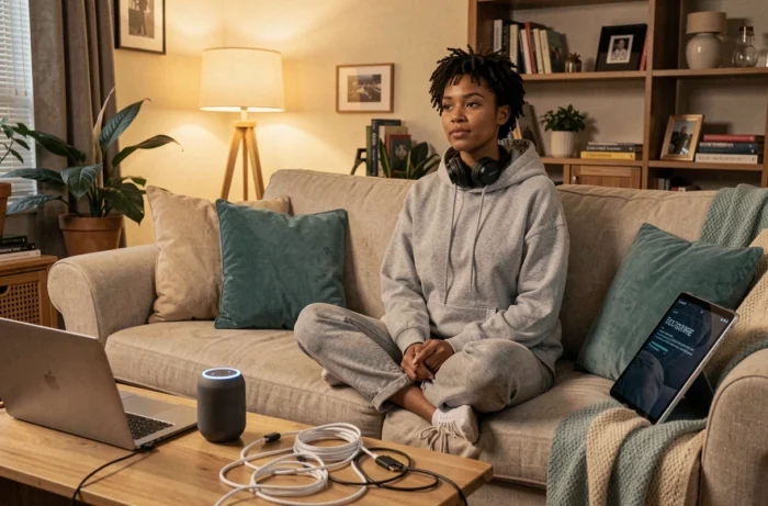 Jeune femme entourée d'appareils connectés dans un salon geek moderne, tendances technologiques et gadgets high-tech du quotidien