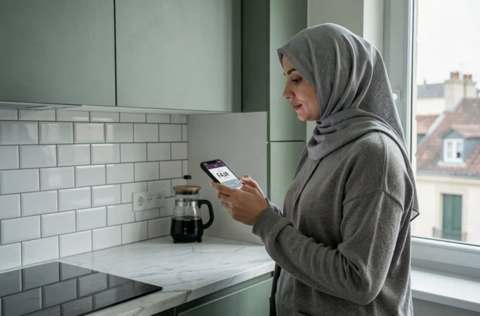 Femme en hijab vérifiant l'heure de prière Fajr sur son smartphone dans une cuisine à Bordeaux