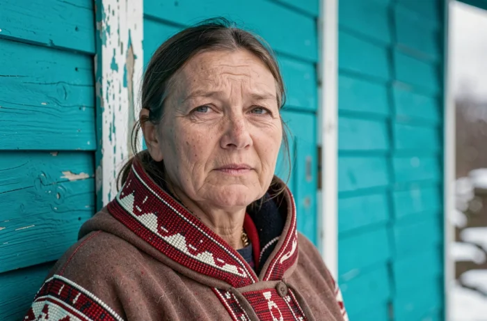 Femme inuite groenlandaise en costume traditionnel devant une maison en bois peinte en turquoise vif