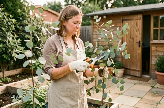 Femme jardinant et taillant un eucalyptus dans son jardin pour repousser les moustiques naturellement