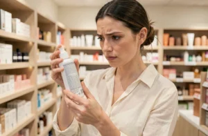 Femme lisant attentivement l'étiquette d'un produit cosmétique Nocibé en magasin pour vérifier les mentions cruelty free