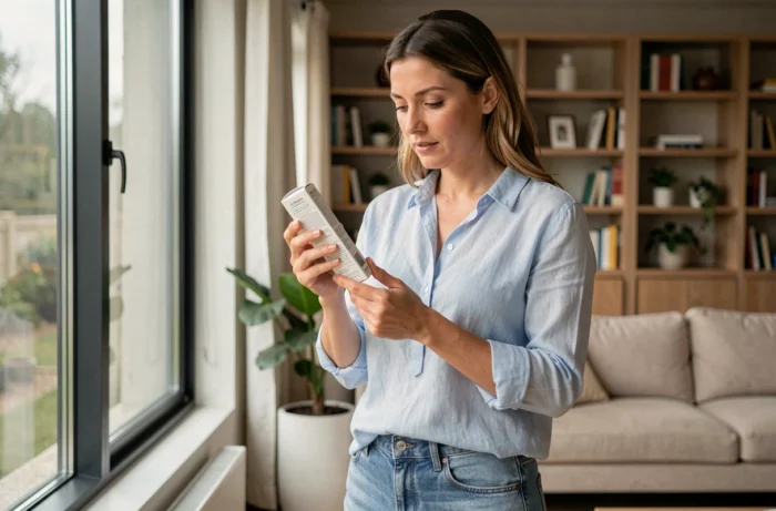 Femme lisant attentivement l'étiquette d'un produit Reborn 21 dans un salon moderne lumineux