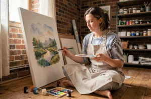 Femme peignant une aquarelle dans un atelier artistique cosy, idée de loisir créatif à la maison