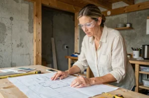Femme étudiant des plans architecturaux dans une cuisine en cours de rénovation avec matériaux bruts et outils de chantier
