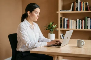 Femme professionnelle travaillant sur son blog en ligne depuis un bureau moderne à domicile