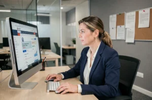 Femme professionnelle naviguant sur le site Pôle Finances depuis un bureau administratif moderne