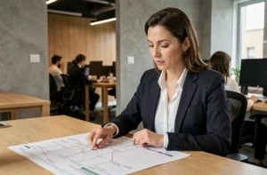 Femme professionnelle consultant un plan de site web imprimé sur un bureau moderne pour faciliter la navigation