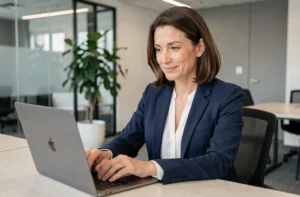 Femme professionnelle rédigeant un mail de changement d'adresse email sur un ordinateur portable dans un bureau moderne