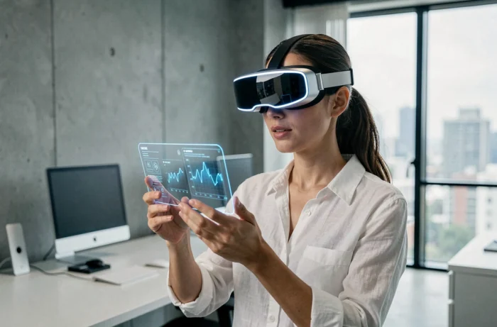Femme utilisant un casque de réalité augmentée dans un bureau tech moderne, illustrant les dernières tendances en innovation technologique