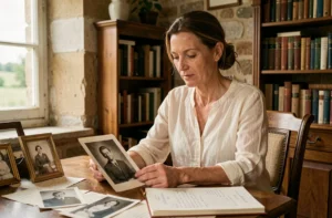 Femme étudiant des photographies de famille anciennes et des documents généalogiques sur une table en bois dans une maison de campagne française