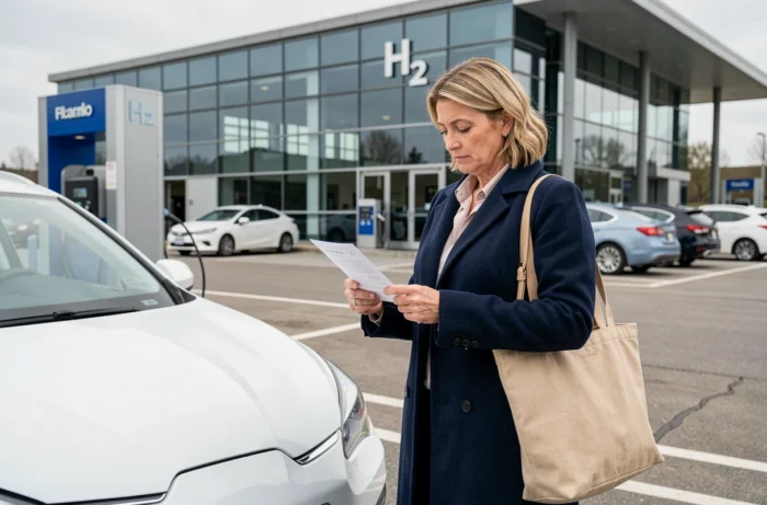 Femme examinant le reçu après avoir fait le plein d'hydrogène pour sa voiture à pile à combustible