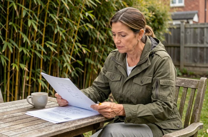Femme consultant des documents réglementaires sur la plantation de bambous en limite de propriété dans son jardin