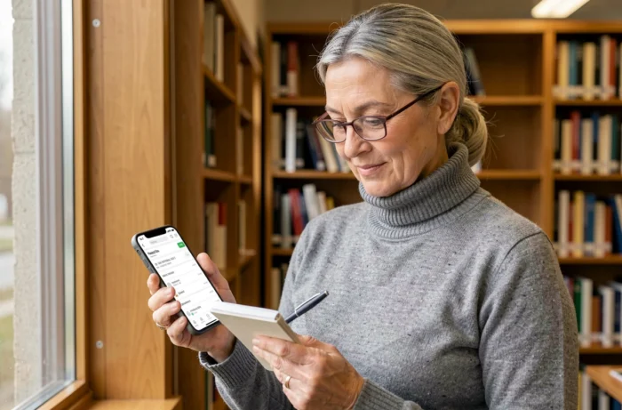 Femme senior utilisant un annuaire pages blanches sur smartphone en bibliothèque pour retrouver un contact