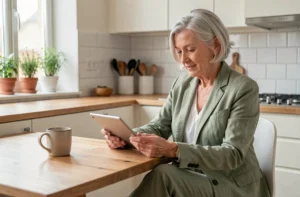 Femme senior élégante lisant une tablette dans une cuisine moderne, illustrant les tendances de vie active pour les seniors
