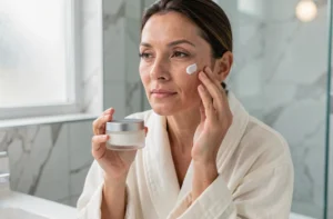 Femme de 40 ans appliquant un soin anti-âge Reborn 21 sur son visage devant un miroir de salle de bain minimaliste