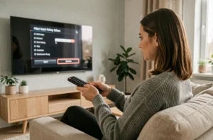 Femme utilisant la télécommande TCL pour accéder à l'entrée HDMI sur sa télévision dans un salon moderne