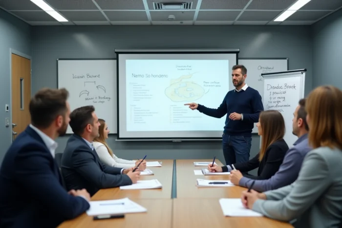 Formateur animant une session de formation coach parental certifié devant un groupe de stagiaires adultes