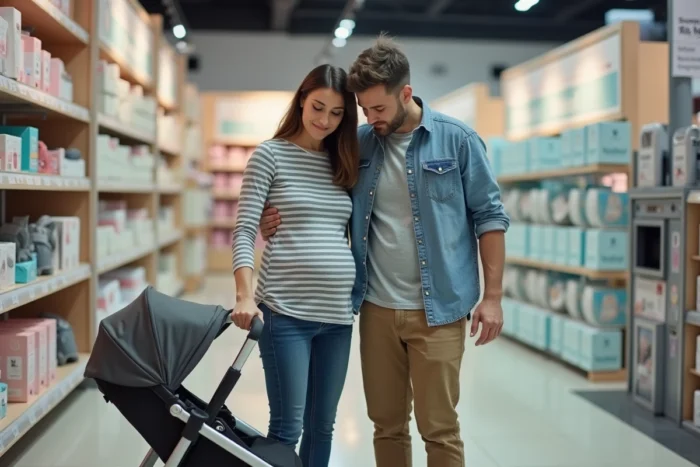 Couple de futurs parents en train de choisir une poussette dans un magasin de puériculture avant l'arrivée de leur bébé